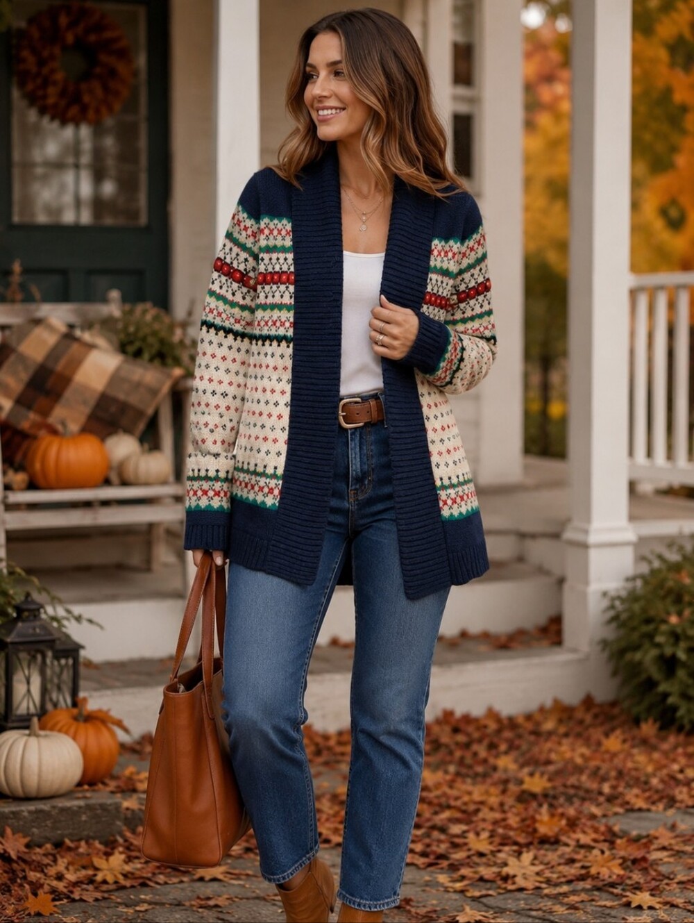 Talbots Fair Isle Print Shawl Collar Open Knit Sweater Size Small Petite Cozy EC